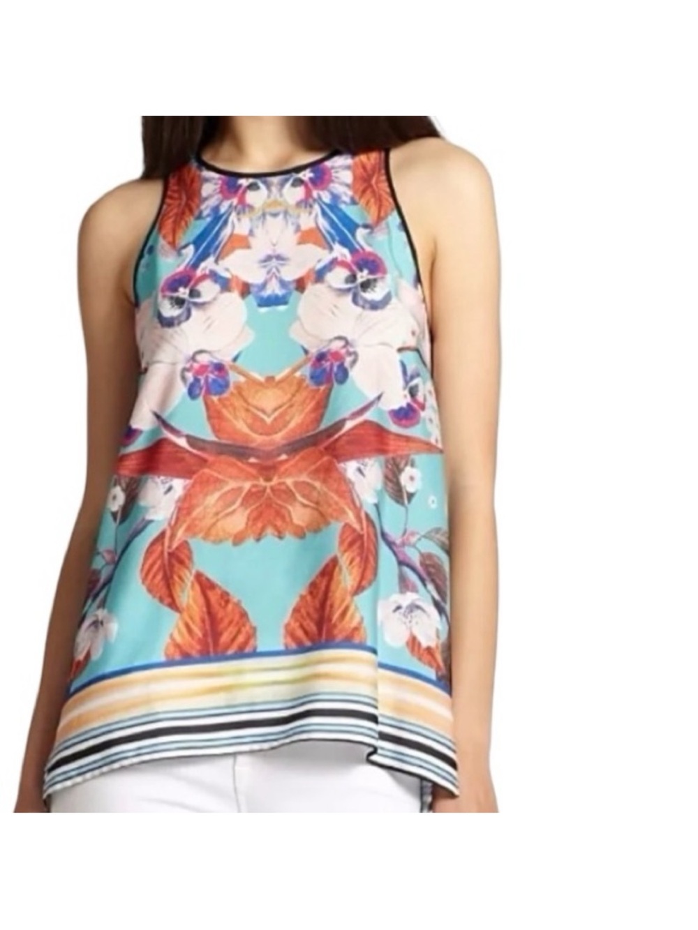 Clover Canyon top Oriental floral hi low open back sleeveless
